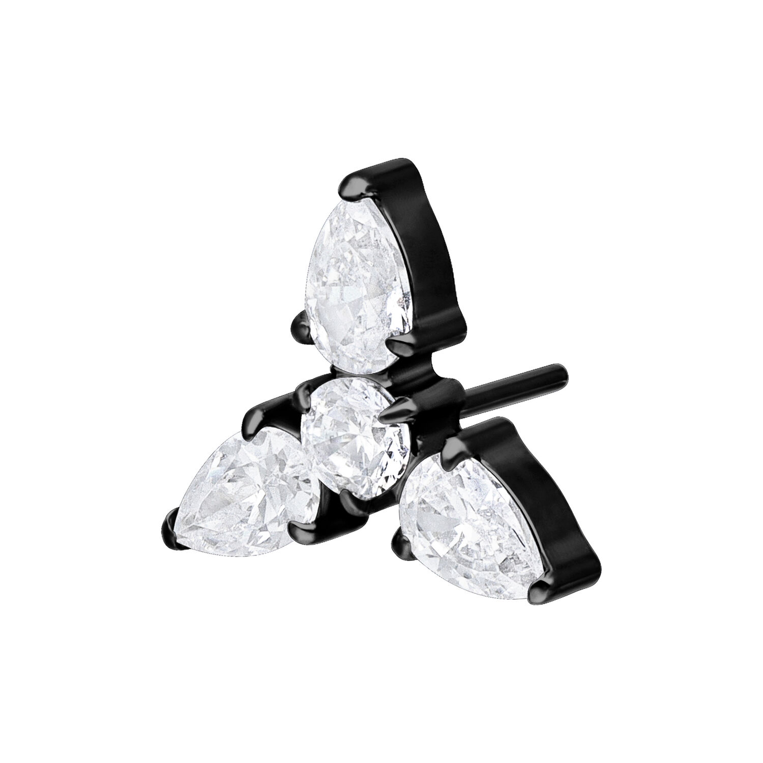 Attacco Push Fit Trinity nero con tre cristalli chiari su sfondo bianco