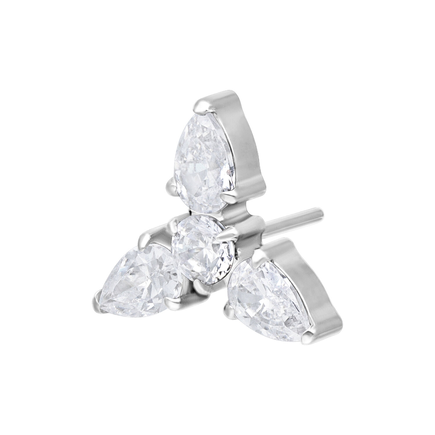 Trinity in argento in titanio con tre cristalli chiari su sfondo bianco