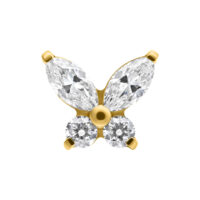 Accessorio a farfalla dorato in titanio con cristalli chiari su sfondo bianco