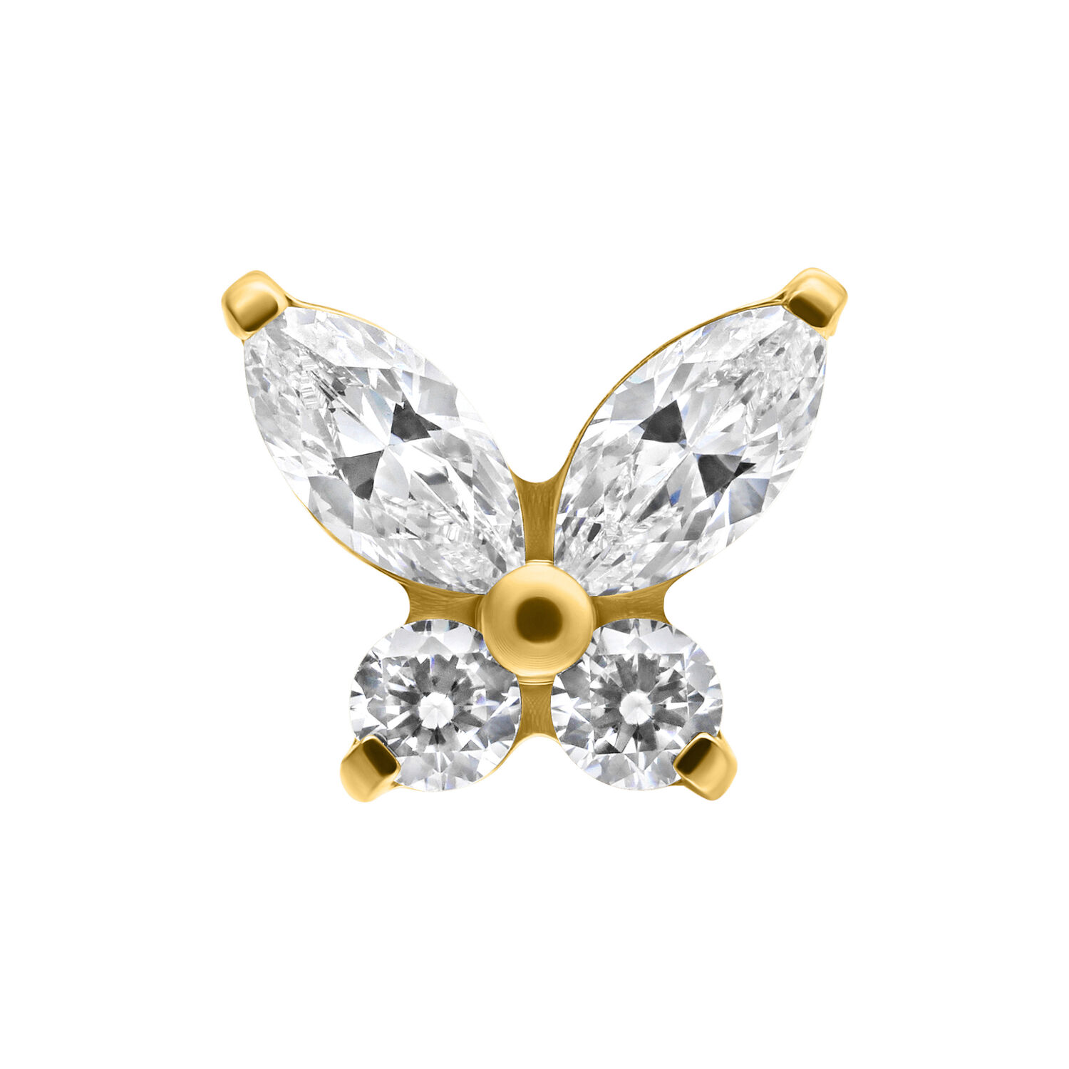 Accessorio a farfalla dorato in titanio con cristalli chiari su sfondo bianco