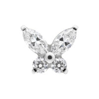 Accessorio a forma di farfalla in titanio, cristalli scintillanti, sfondo argentato