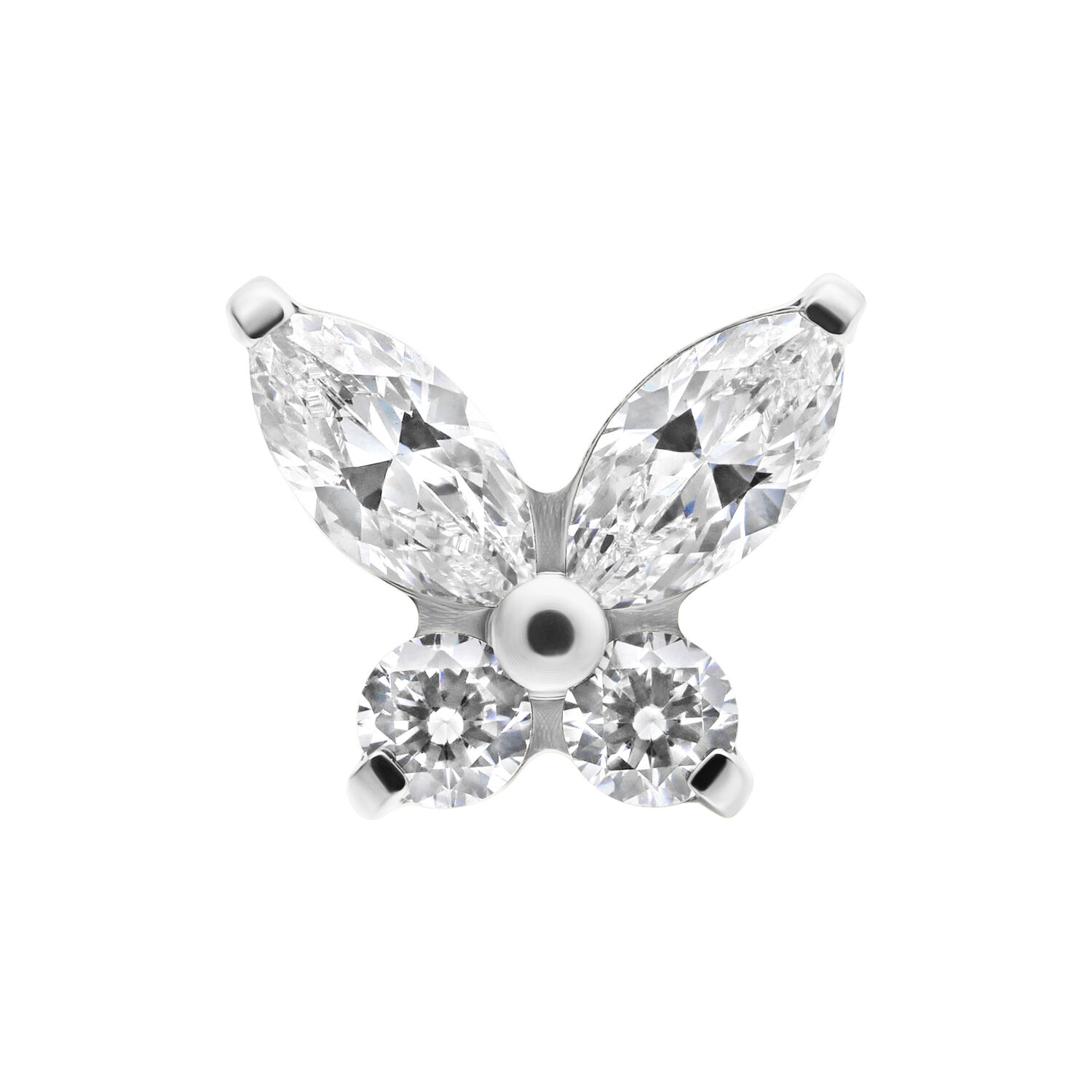 Accessorio a forma di farfalla in titanio, cristalli scintillanti, sfondo argentato