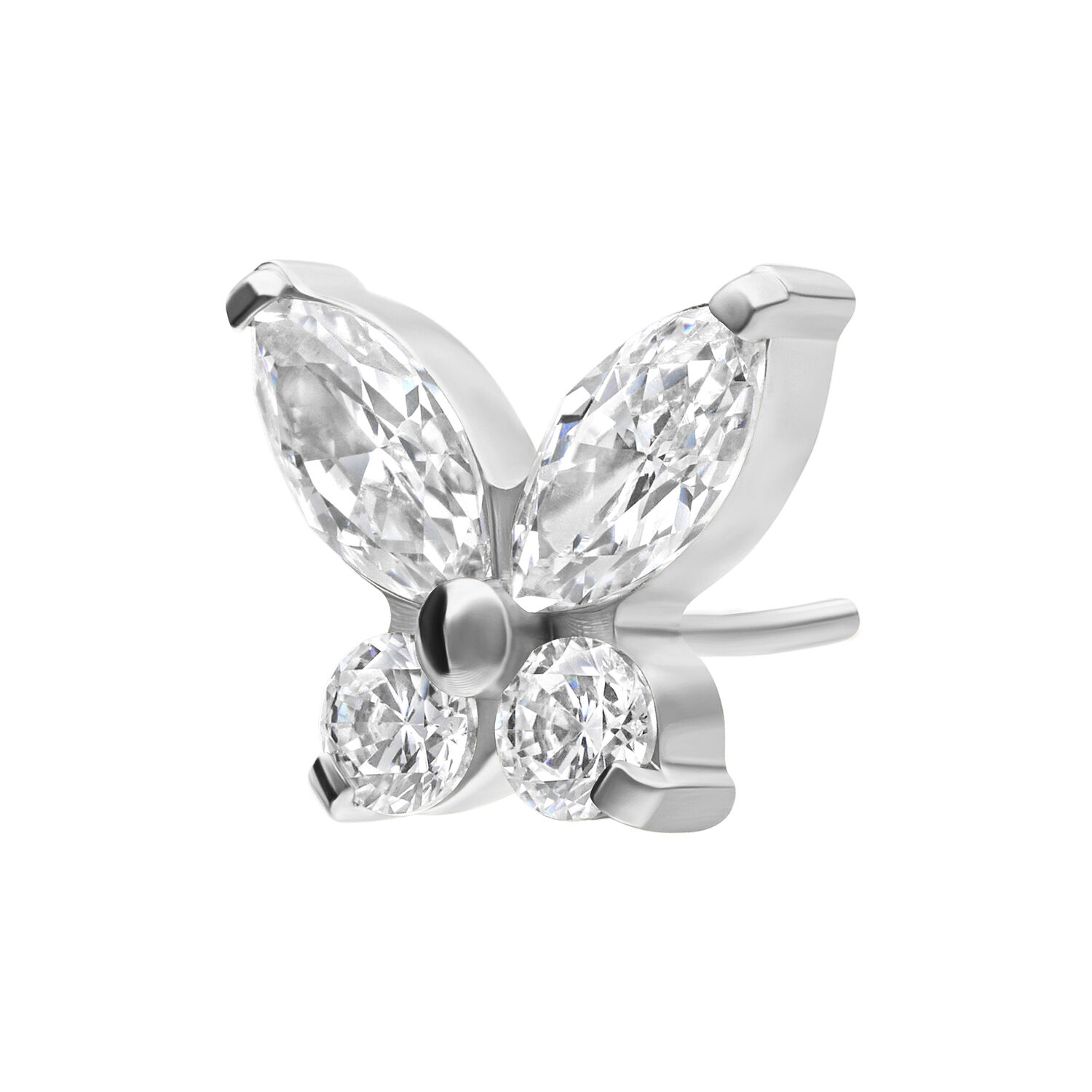 Attacco a farfalla lucente in titanio argento con cristalli chiari su sfondo bianco