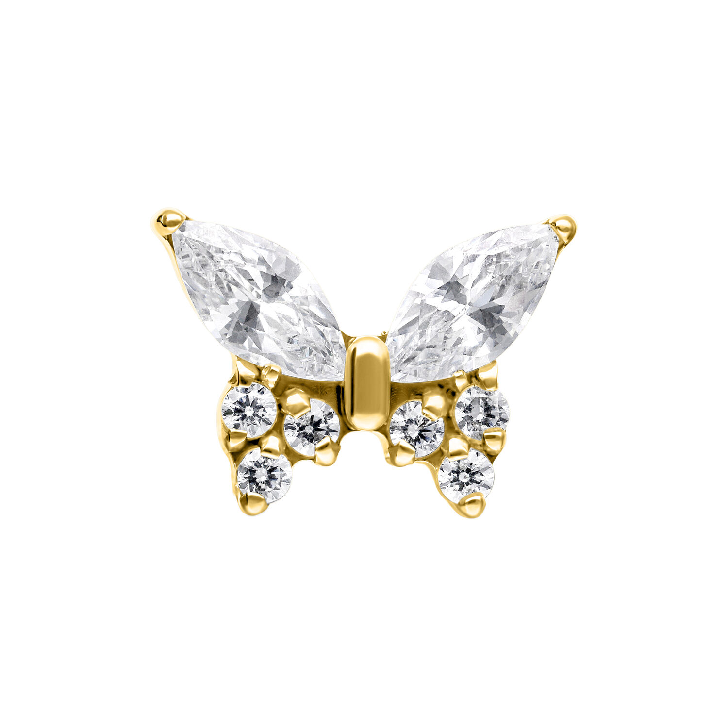 Accessorio a farfalla dorata con cristalli chiari su sfondo bianco