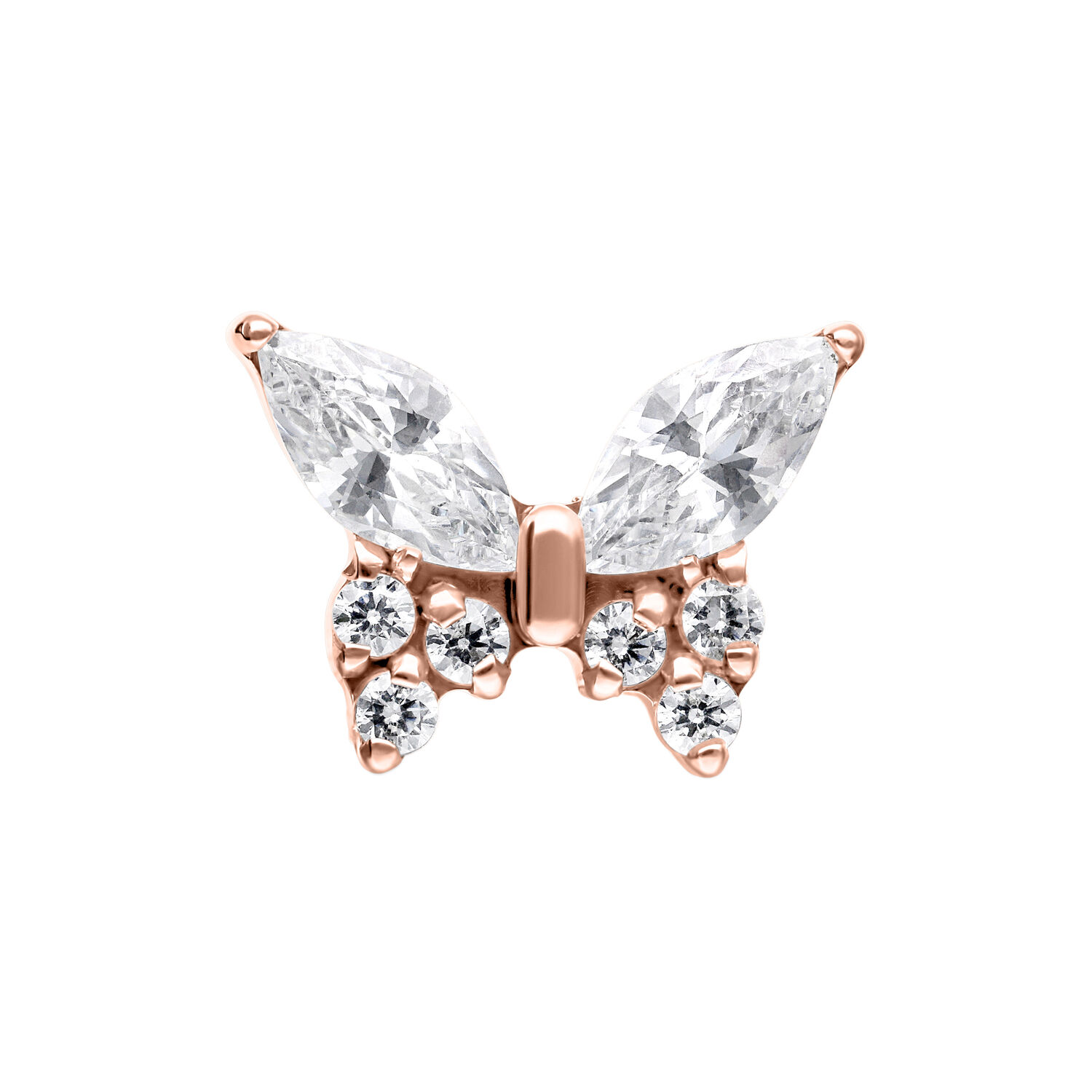 Accessorio piercing a farfalla in oro rosa con cristalli chiari su sfondo bianco