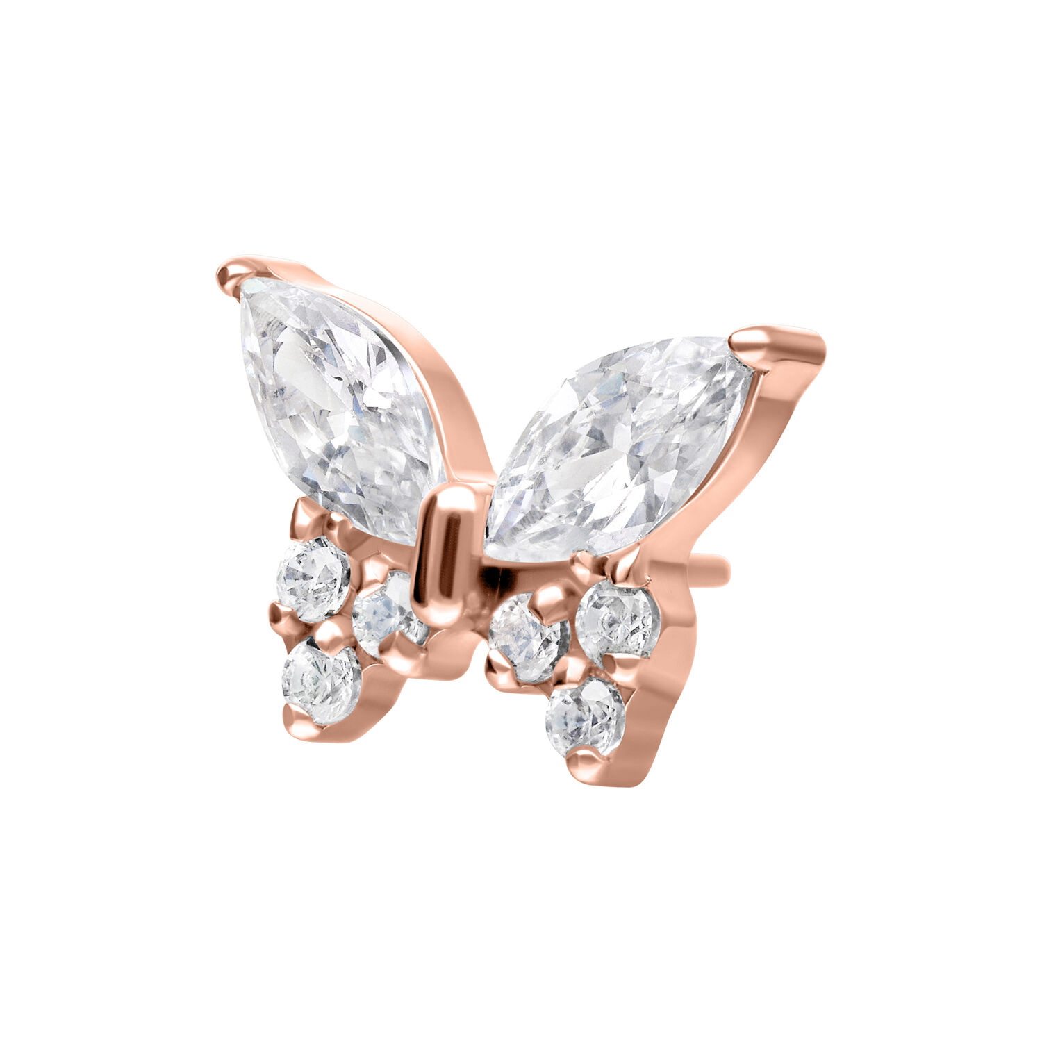 Accessorio farfalla in oro rosa con cristalli chiari su sfondo bianco