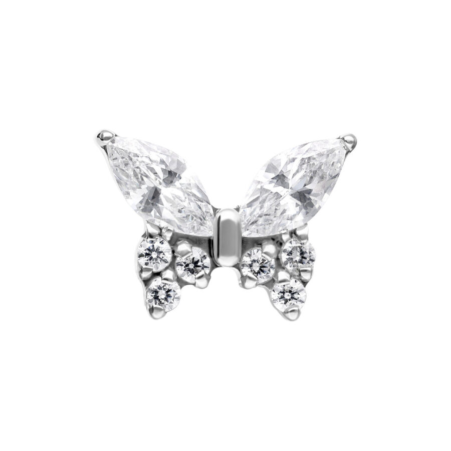 Accessorio piercing a farfalla in argento con cristalli chiari su sfondo bianco