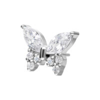 Accessorio a farfalla in argento con cristalli chiari su sfondo bianco