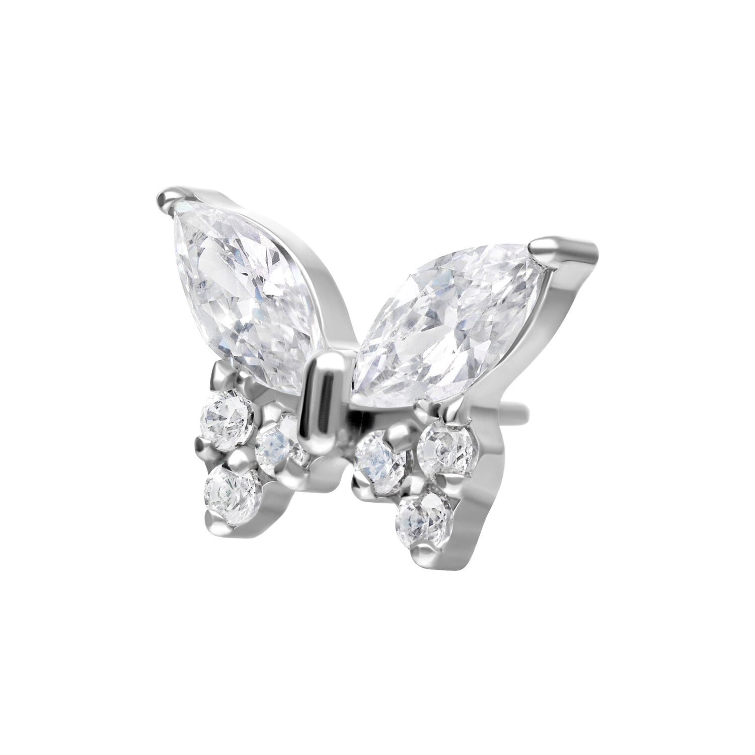 Accessorio a farfalla in argento con cristalli chiari su sfondo bianco