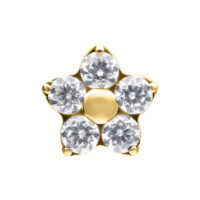 Fiore dorato con cinque cristalli chiari su sfondo bianco
