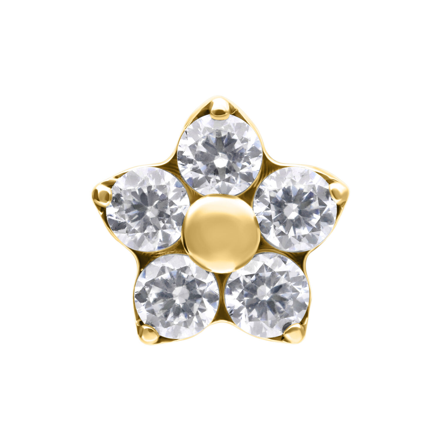 Fiore dorato con cinque cristalli chiari su sfondo bianco