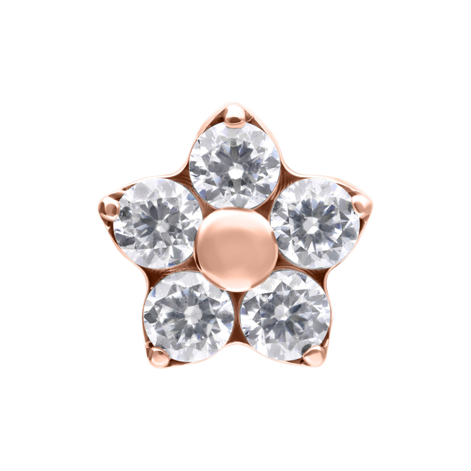 Fiore in oro rosa con cinque cristalli chiari su sfondo bianco