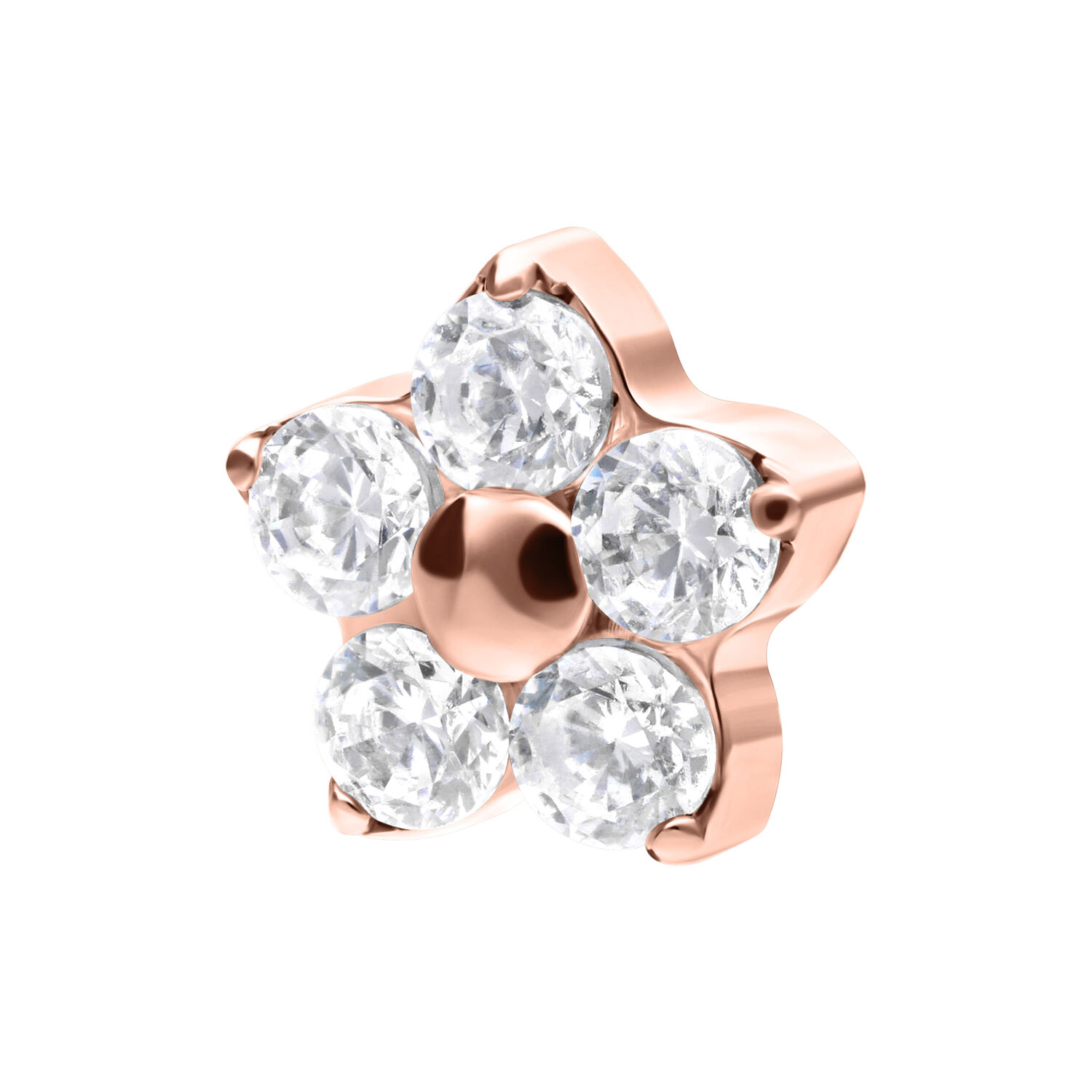 Fiore in oro rosa con cinque cristalli chiari su sfondo bianco