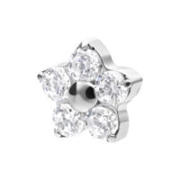 Fiore in argento con cristalli chiari su sfondo bianco