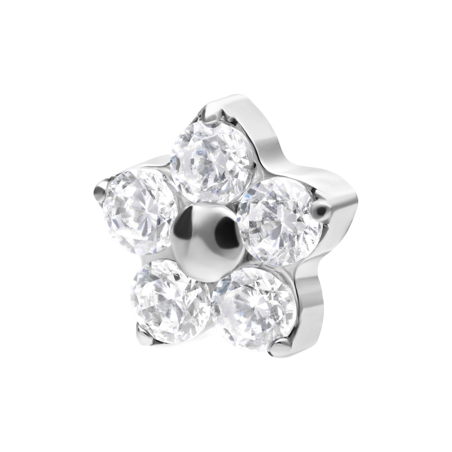 Fiore in argento con cristalli chiari su sfondo bianco