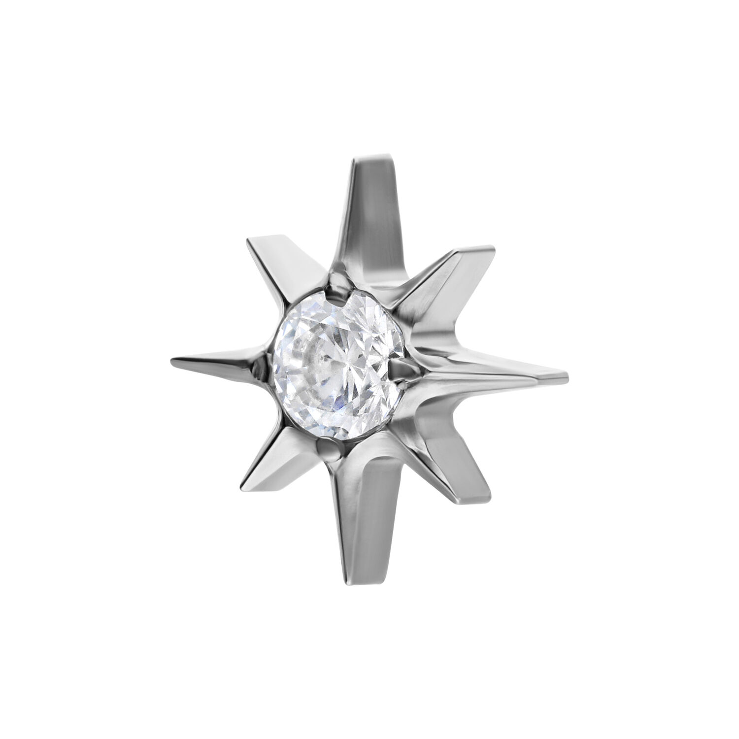 Punta a stella in titanio argento con cristallo chiaro su sfondo bianco