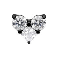 Accessorio in metallo nero con tre cristalli chiari su sfondo bianco