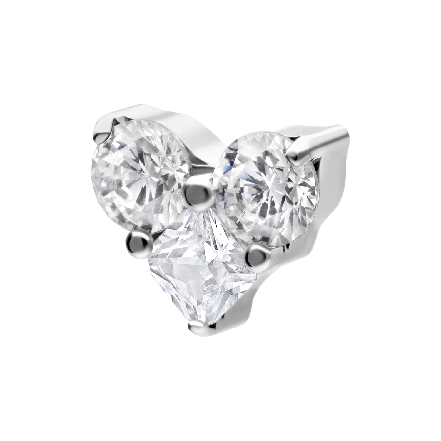 Attacco Push Fit argento con tre cristalli chiari su sfondo bianco