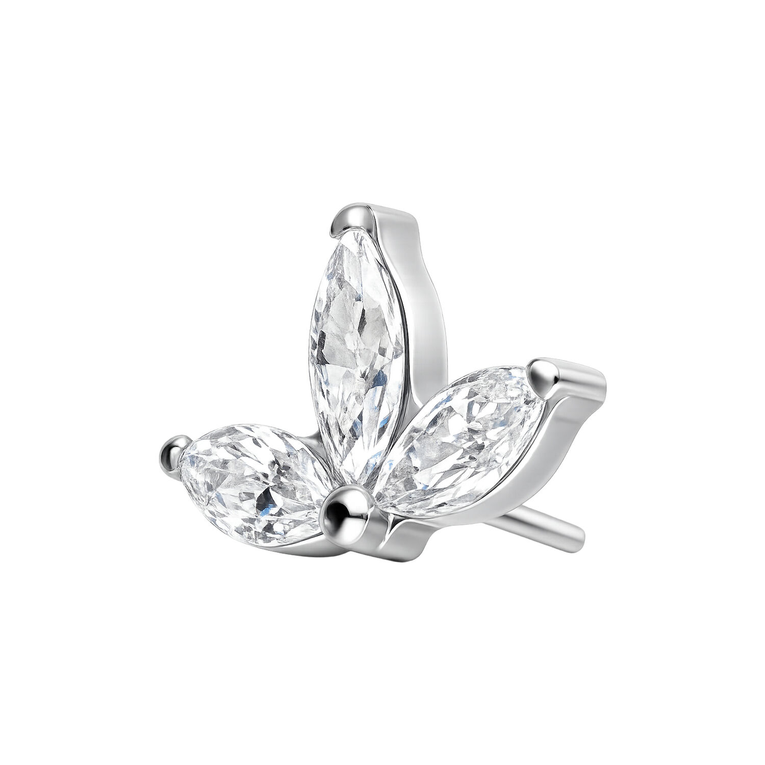 Accessorio a forma di loto in argento con cristalli chiari su sfondo bianco