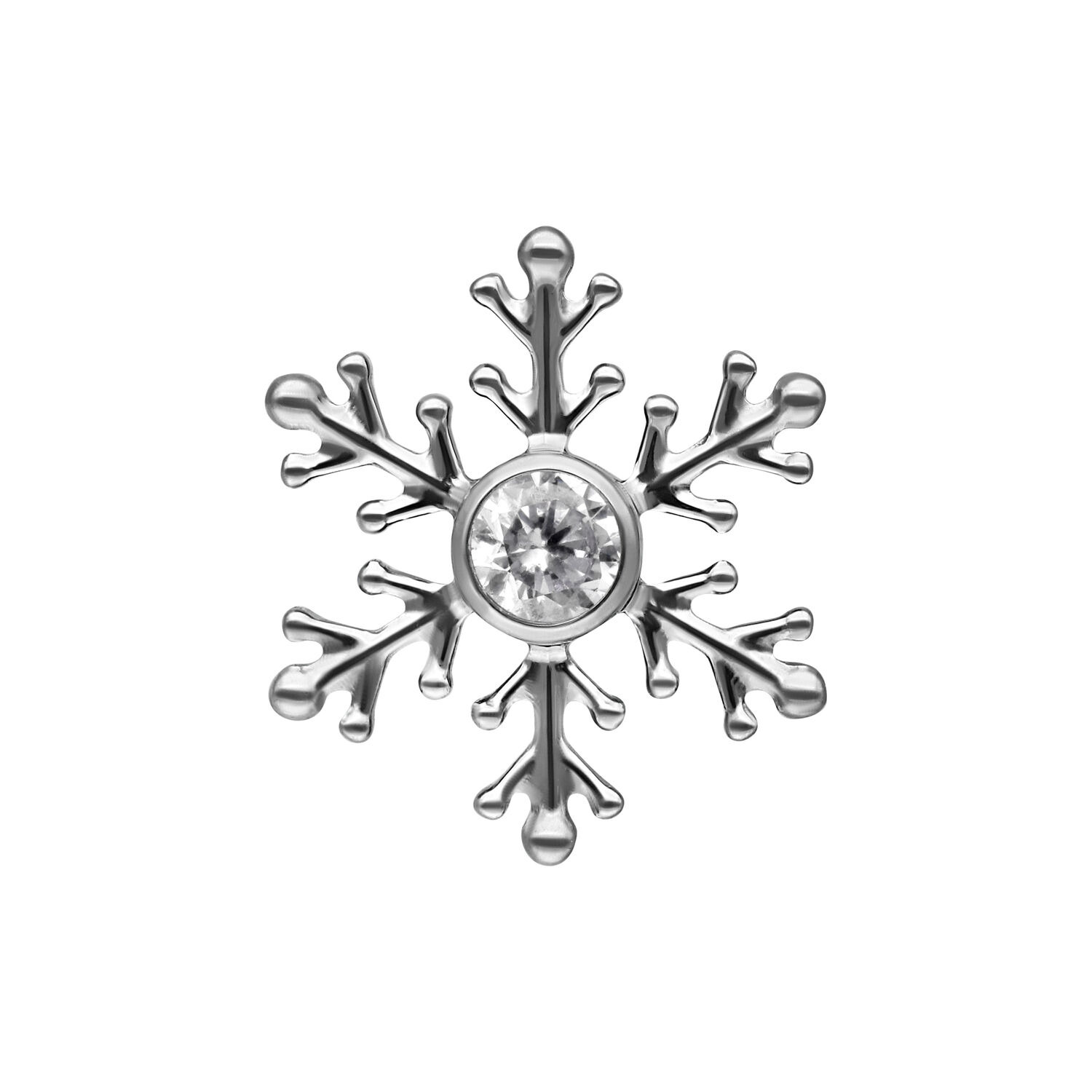 Accessorio piercing fiocco di neve argento con cristallo chiaro su sfondo bianco