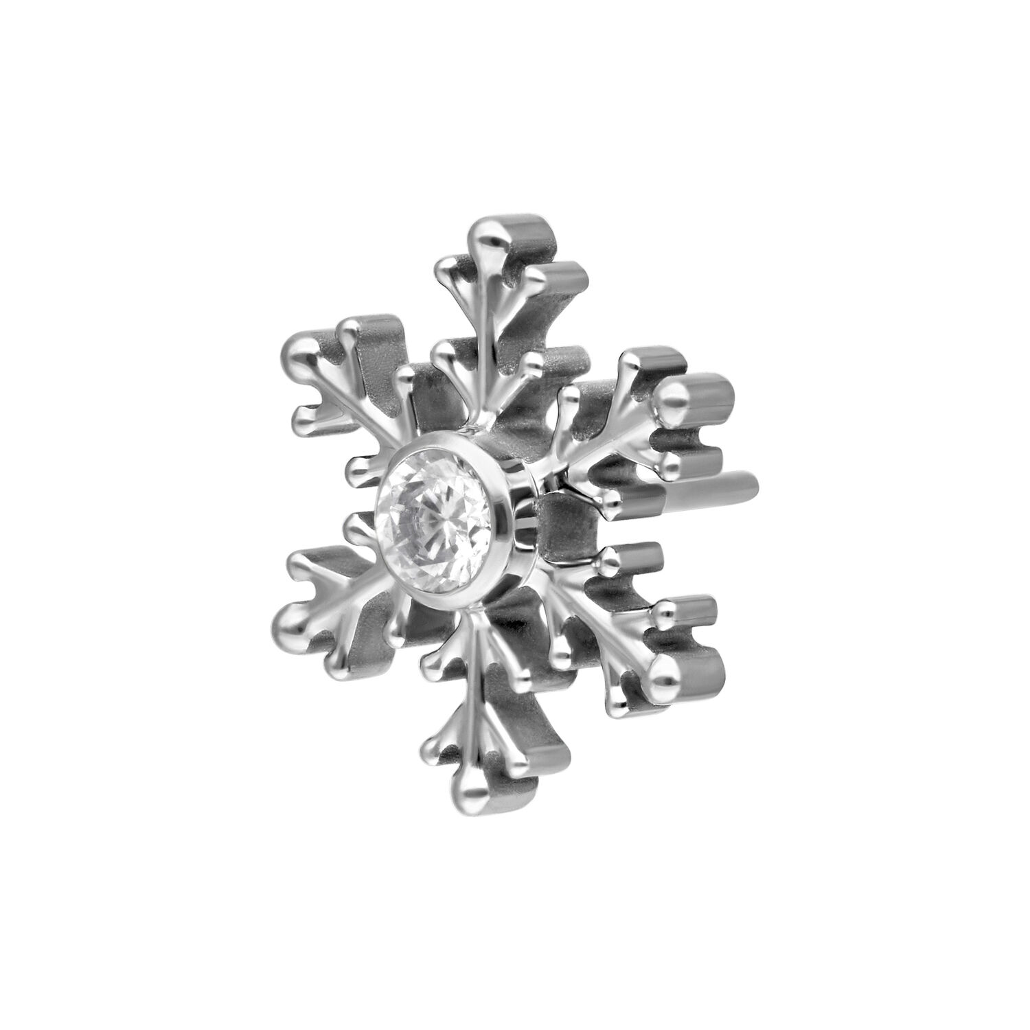 Accessorio piercing a fiocco di neve in argento con cristallo chiaro su sfondo bianco