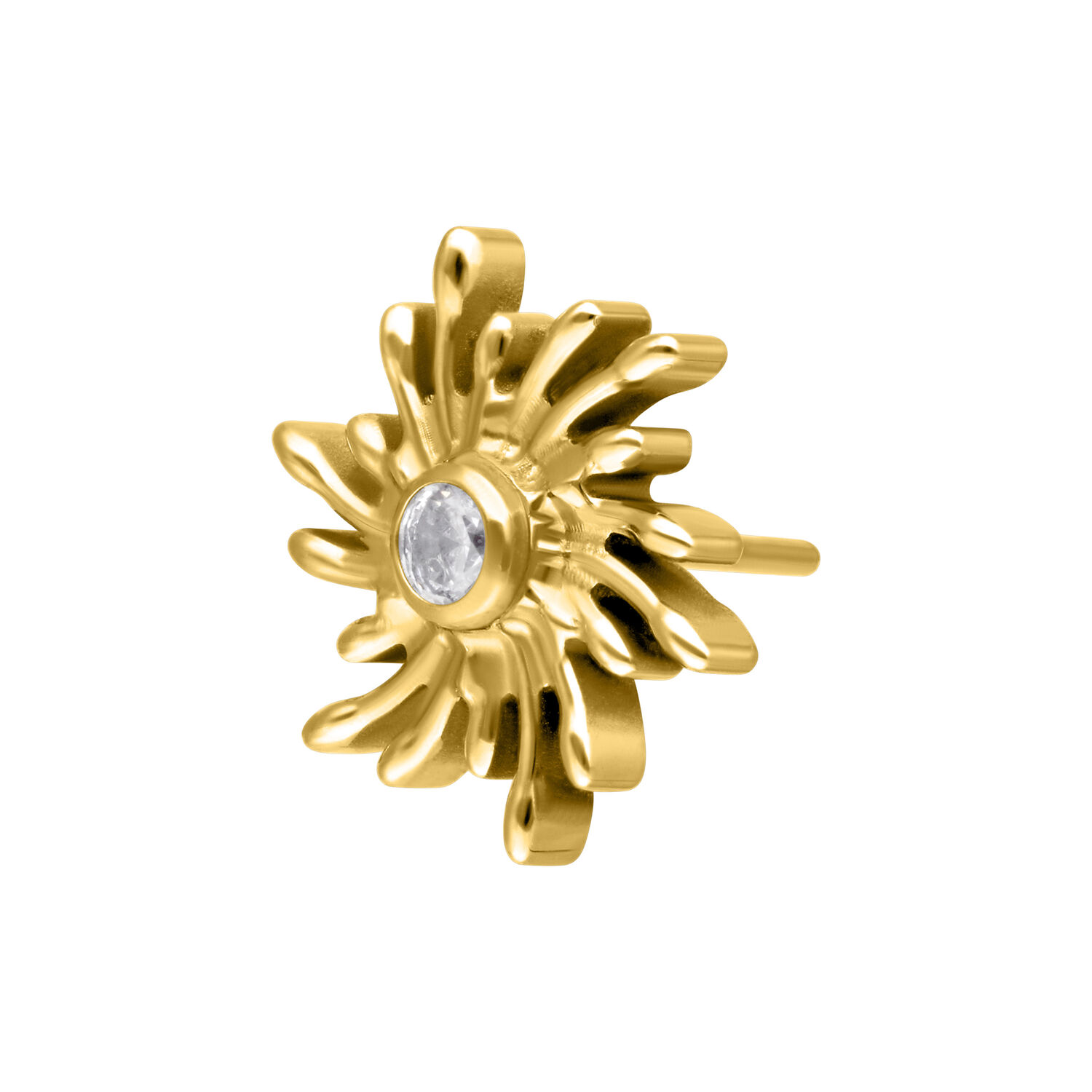 Sole dorato con cristallo Accessorio in metallo dorato con design a raggi di sole e cristallo chiaro su sfondo bianco