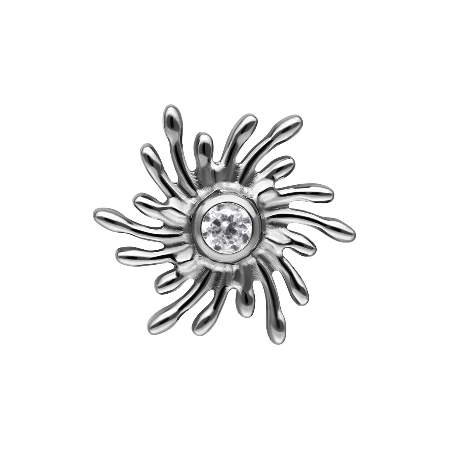 Sunburst in argento con cristallo chiaro su sfondo bianco
