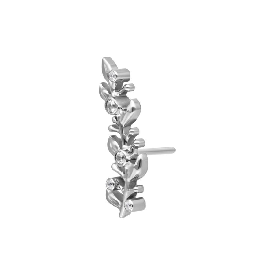 Inserto per piercing Push Fit argento a forma di foglia con cristalli chiari su sfondo bianco