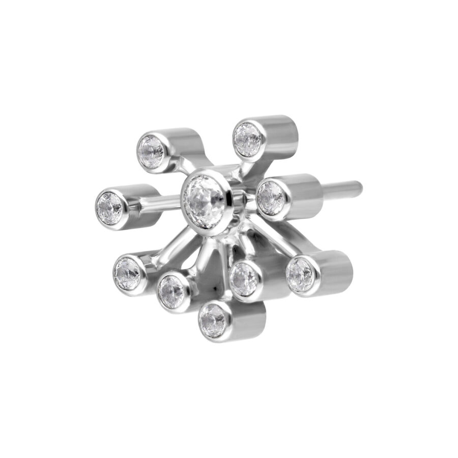 Inserto in titanio argento con otto cristalli scintillanti su sfondo bianco