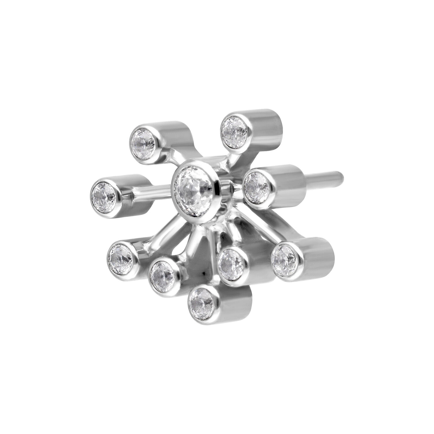 Inserto in titanio argento con otto cristalli scintillanti su sfondo bianco