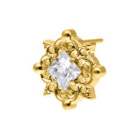 Inserto ornamentale Push Fit dorato con cristallo chiaro al centro su sfondo bianco