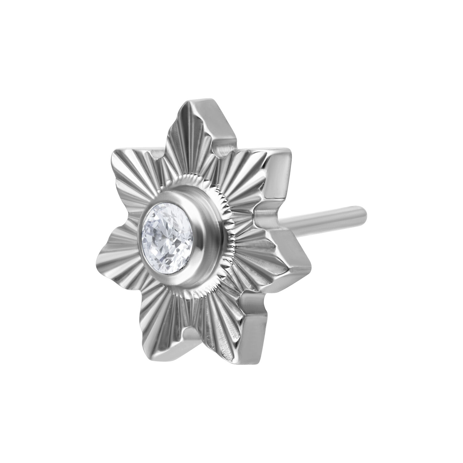 Attacco Push Fit in argento con pietra cristallina su sfondo bianco