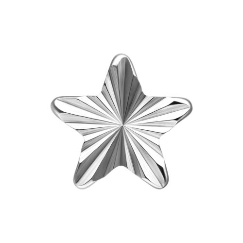 Accessorio a stella in titanio argento con superficie rigata su sfondo bianco