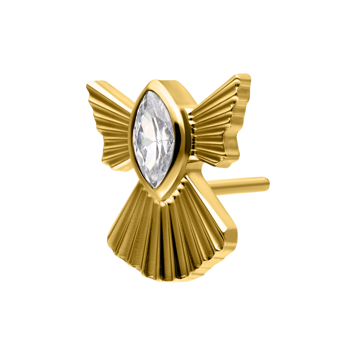 Piercing aureo a forma di angelo con cristallo chiaro su sfondo bianco