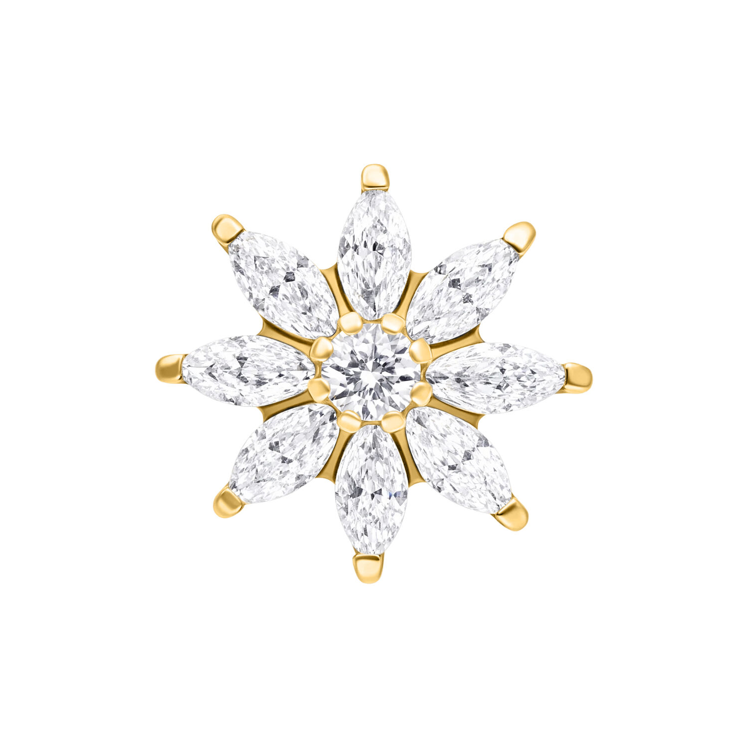 Accessorio in metallo dorato a forma di fiore con pietre cristalline su sfondo bianco