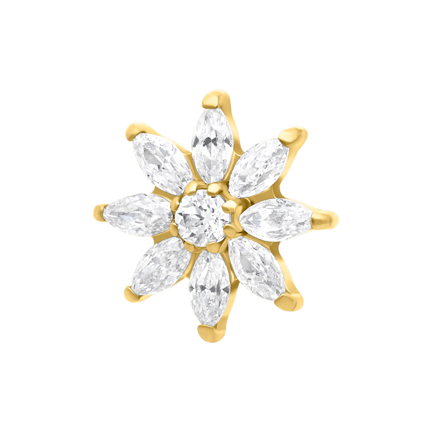 Cristallo dorato a forma di fiore di ghiaccio con cristalli chiari su sfondo bianco