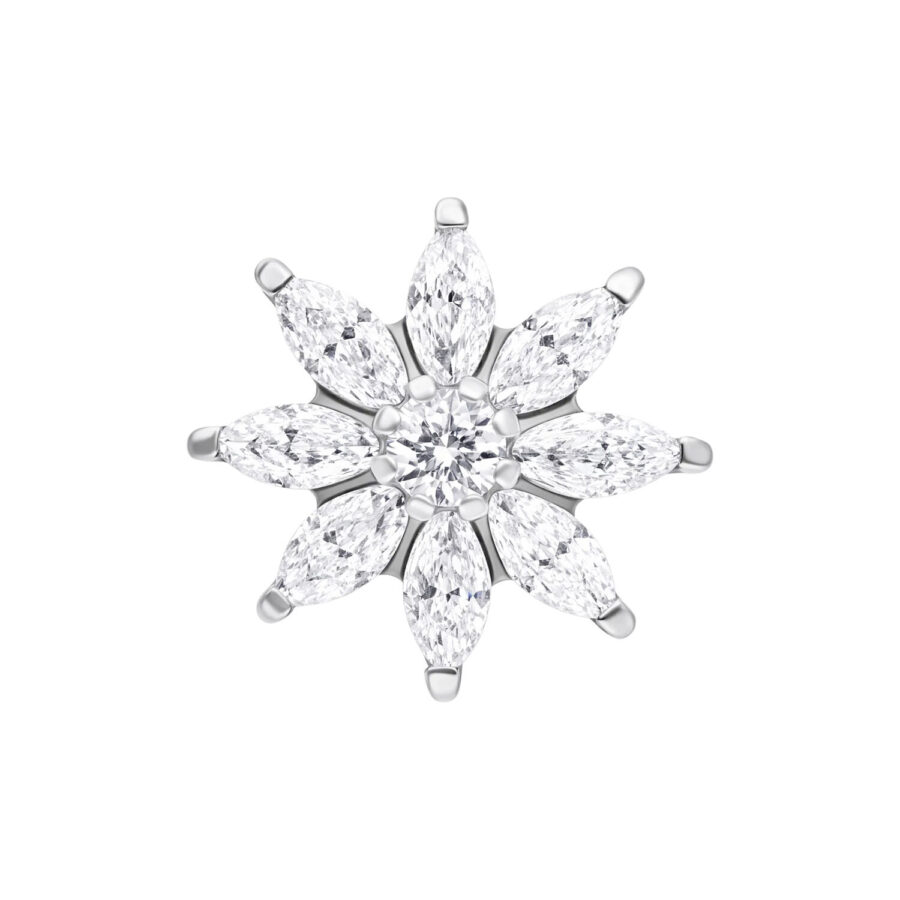Cristallo d'argento a forma di fiore di ghiaccio su sfondo bianco