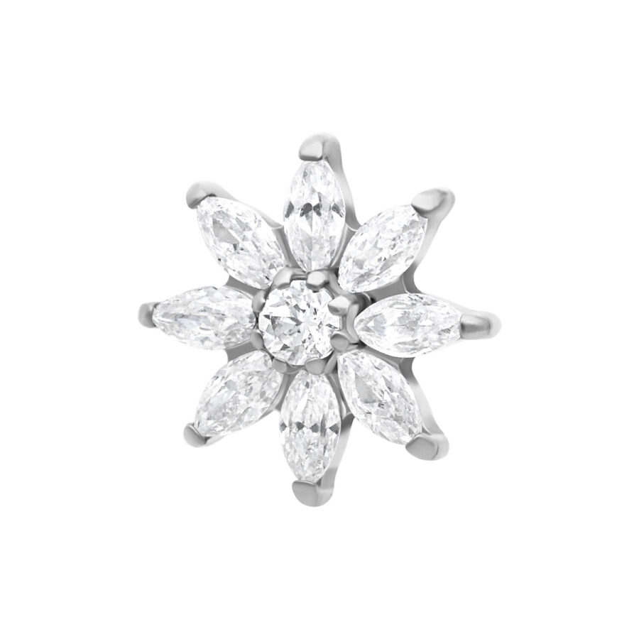 Cristallo Fiore di Ghiaccio in argento con cristalli chiari su sfondo bianco