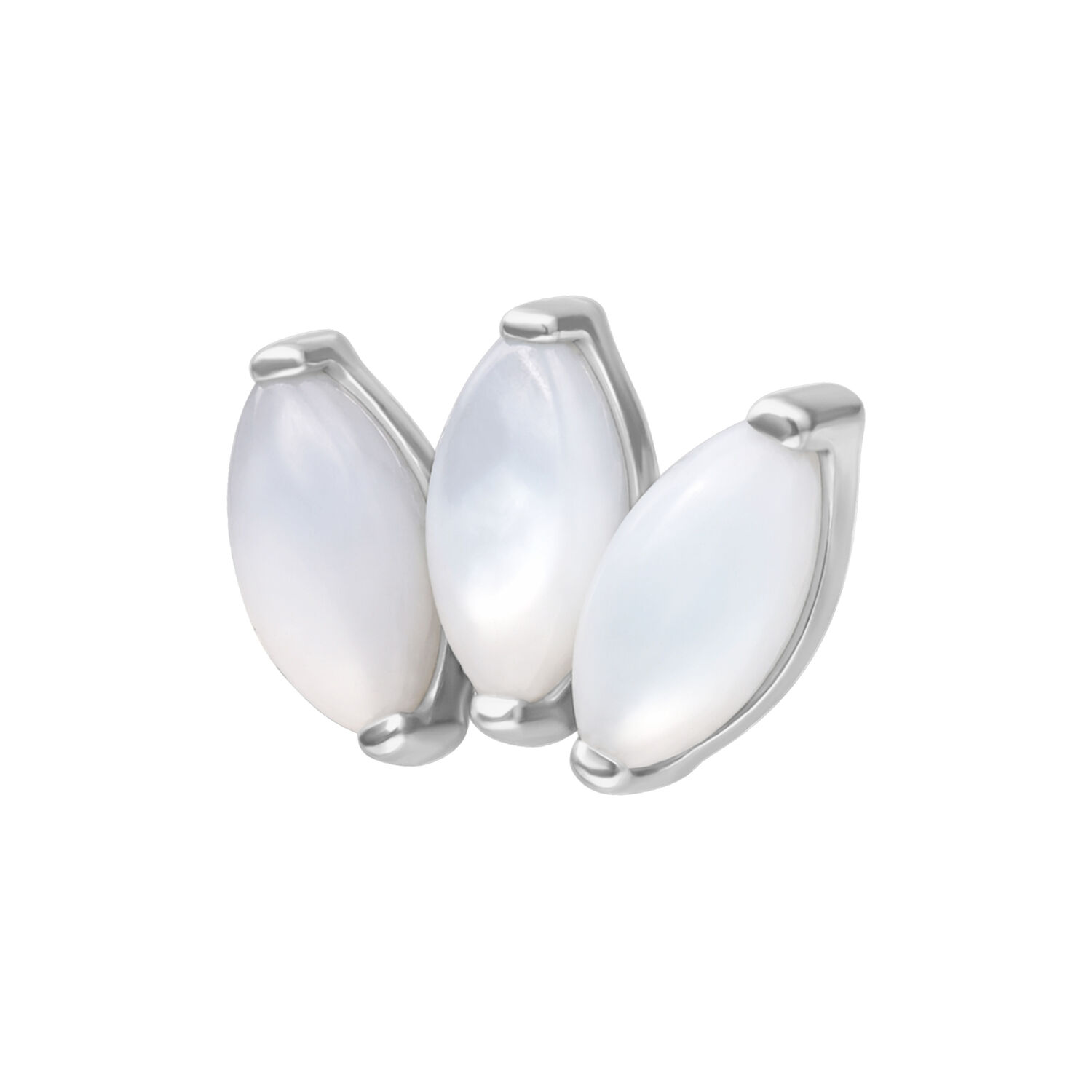 Accessorio Lotus in argento con tre inserti di pietra di luna scintillanti su sfondo bianco