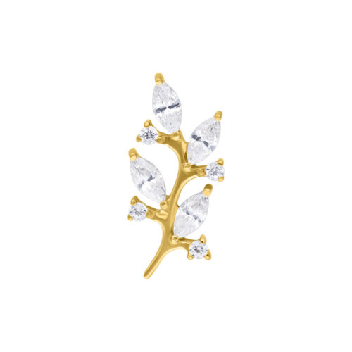 Accessorio per piercing dorato a forma di foglia con cristalli chiari su sfondo bianco