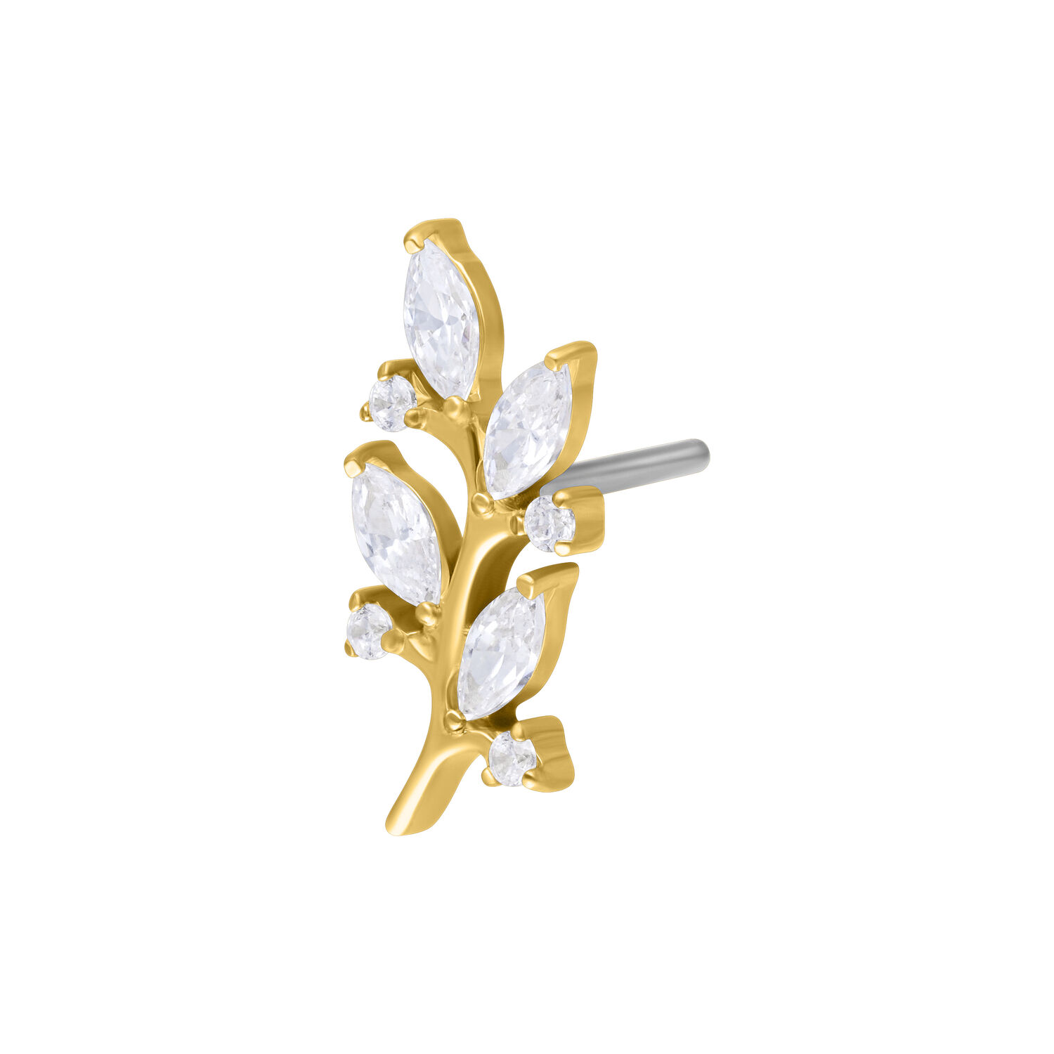 Inserto Push Fit dorato con foglie di cristallo Inserto Push Fit dorato con cristalli chiari a forma di foglia su sfondo bianco