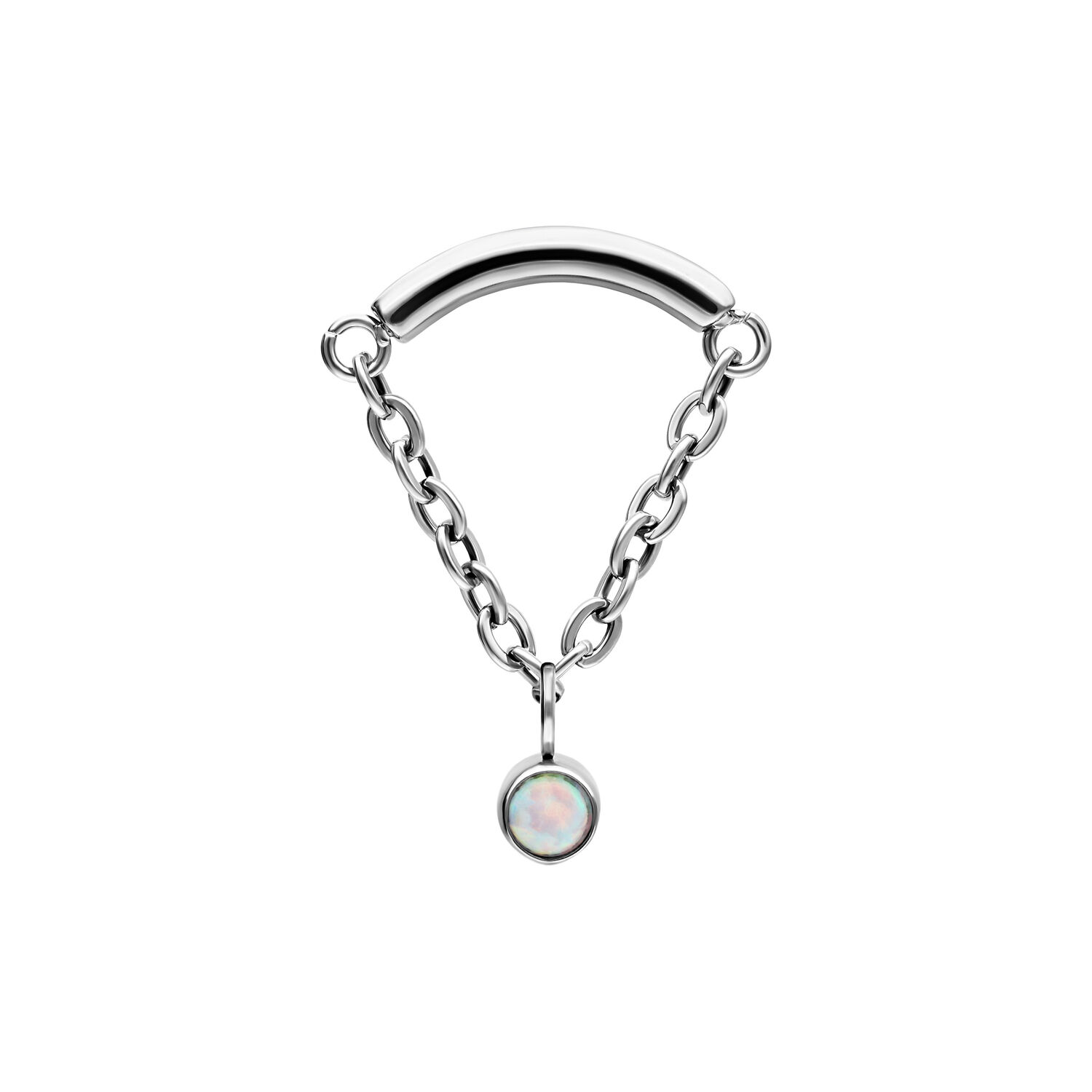 Inserto Helix piercing argento con catena e opale sintetico su sfondo bianco