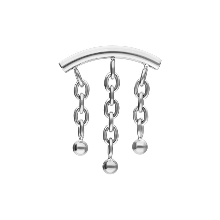Accessorio Helix argento con catene e sfere su sfondo bianco