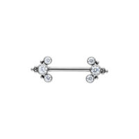Barbell per capezzolo in argento con cristalli chiari su sfondo bianco