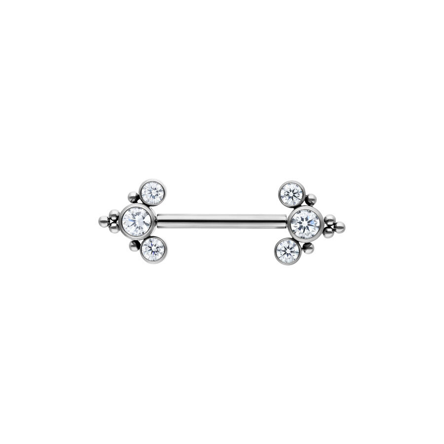 Barbell per capezzolo in argento con cristalli chiari su sfondo bianco