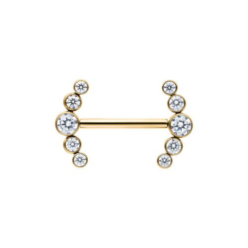 Barbell dorato con cristalli chiari e una lunghezza di 14mm su sfondo bianco