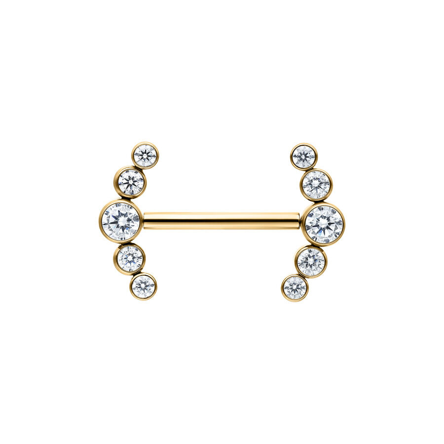 Barbell dorato con cristalli chiari e una lunghezza di 14mm su sfondo bianco