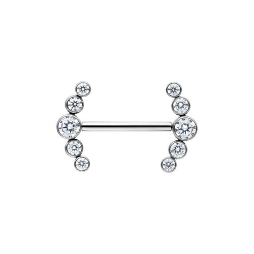 Barbell argento per capezzolo con pietre cristalline, disposte simmetricamente su sfondo bianco