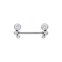 Barbell per capezzolo in titanio argento con cristalli chiari su sfondo bianco