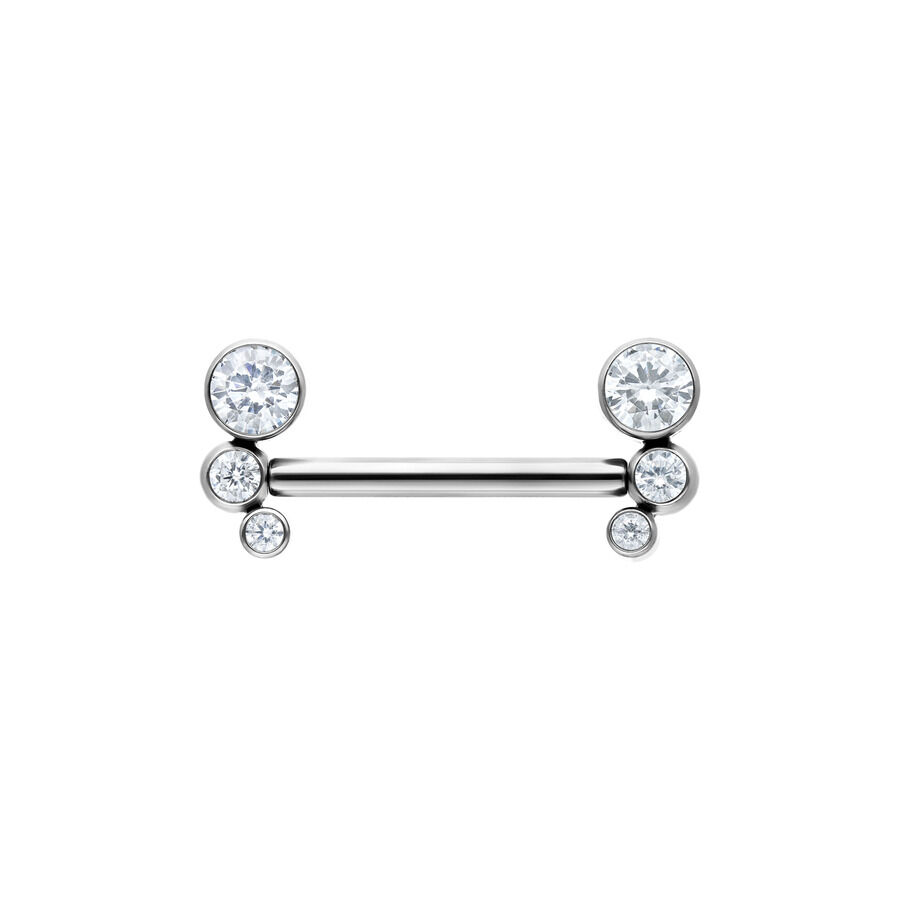 Barbell per capezzolo in titanio argento con cristalli chiari su sfondo bianco